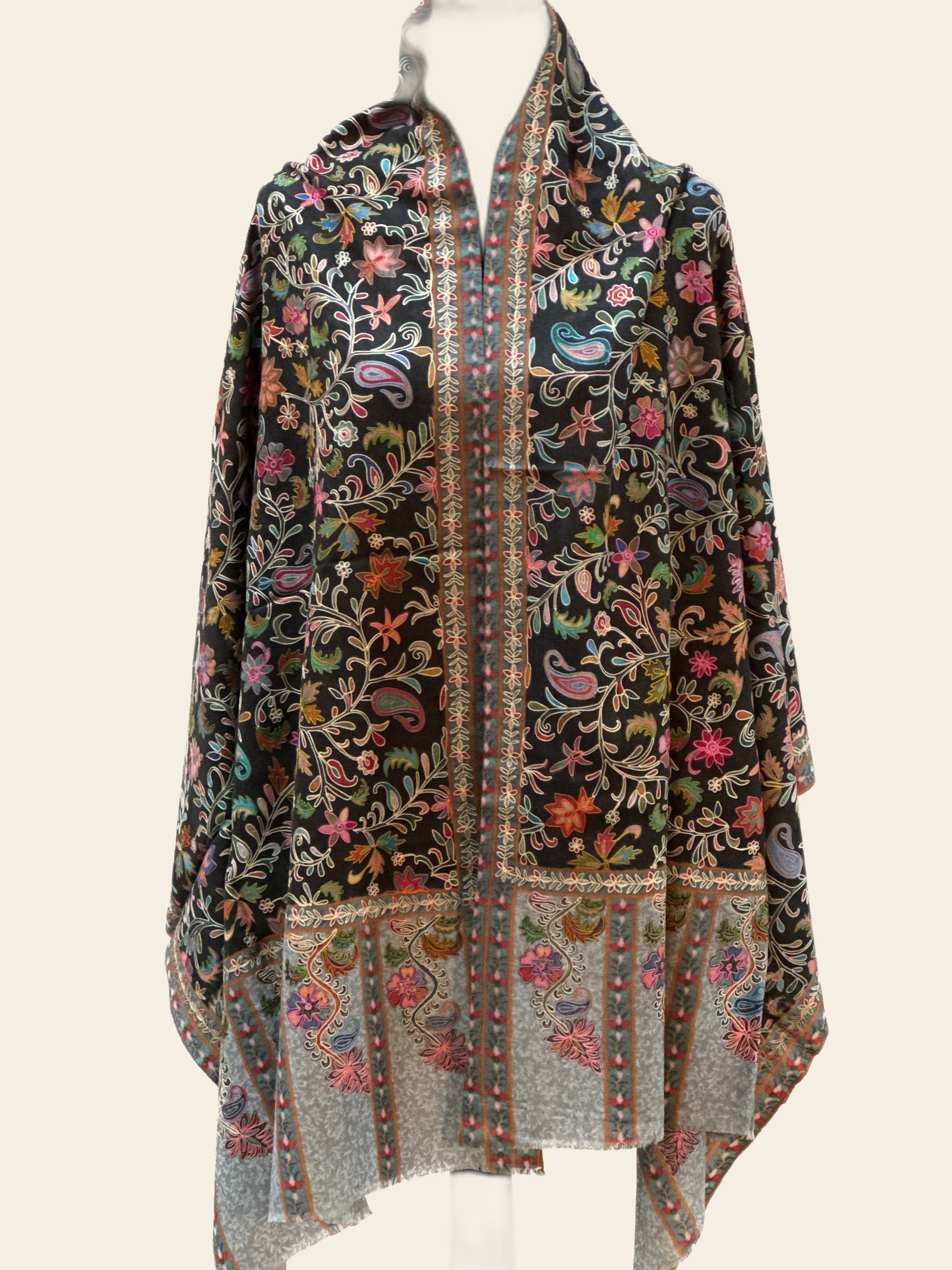 Kalamkari Design Pashmina Wool Shawl - Black