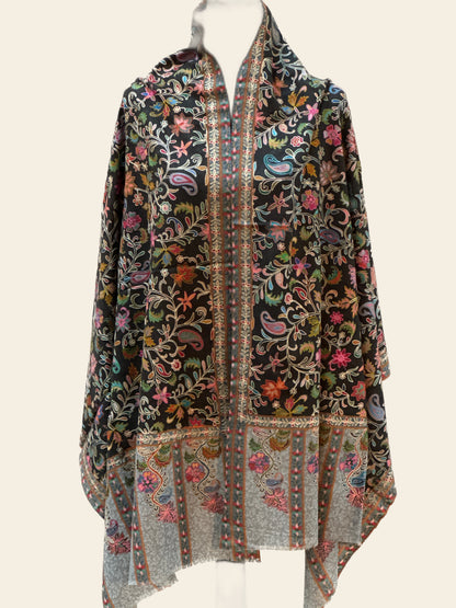 Kalamkari Design Pashmina Wool Shawl - Black