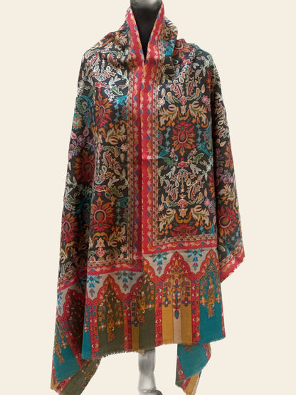 Kalamkari Design Pashmina Wool Shawl - Dark Grey