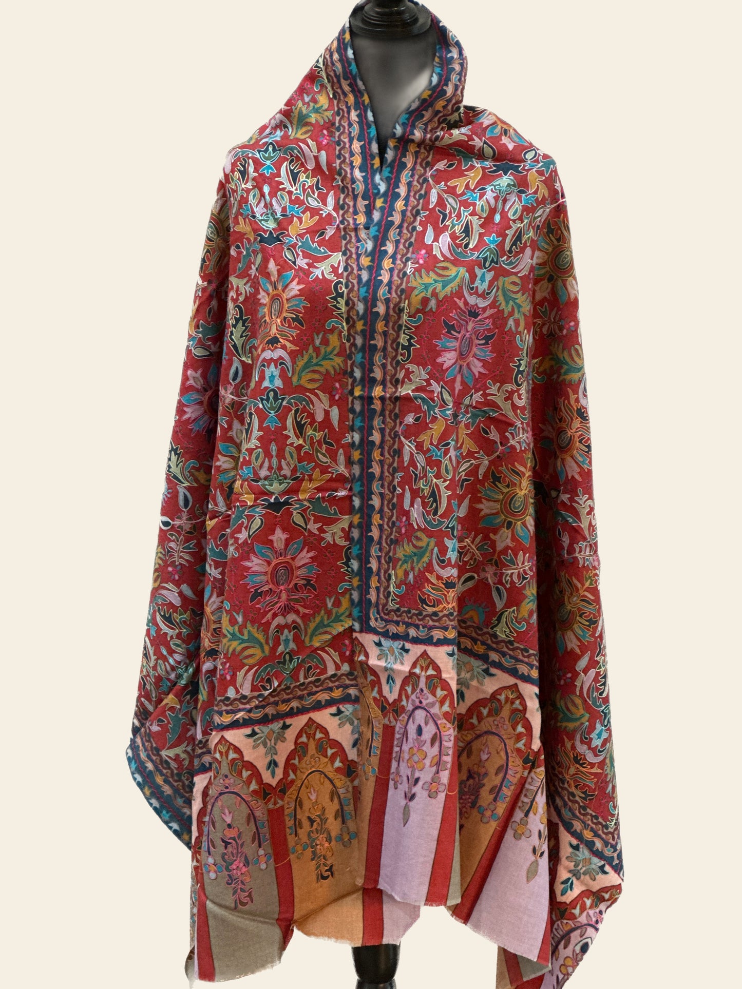 Kalamkari Design Handwoven Pashmina Wool Shawl - Maroon