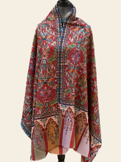 Kalamkari Design Handwoven Pashmina Wool Shawl - Maroon