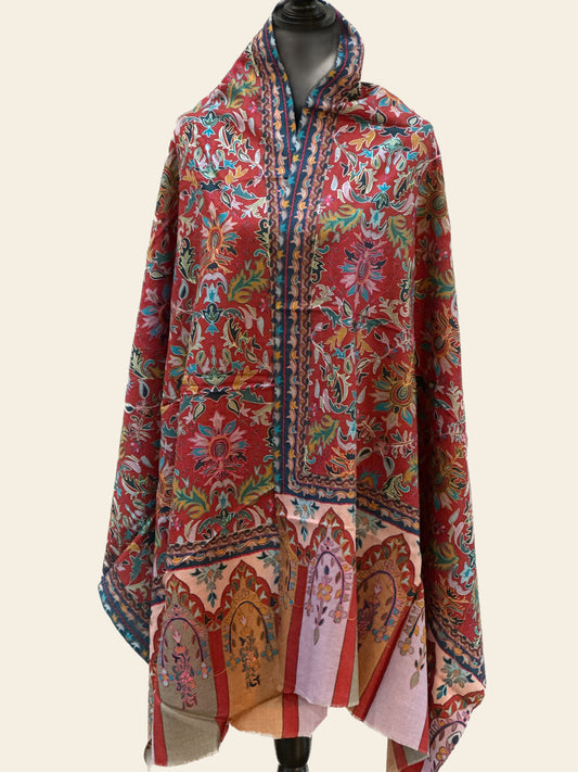 Kalamkari Design Handwoven Pashmina Wool Shawl - Maroon