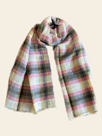 Grey & Pink Check Cotton Linen Scarf