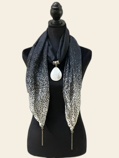 Black & White Silk Stole with Mother of Pearl Pendant