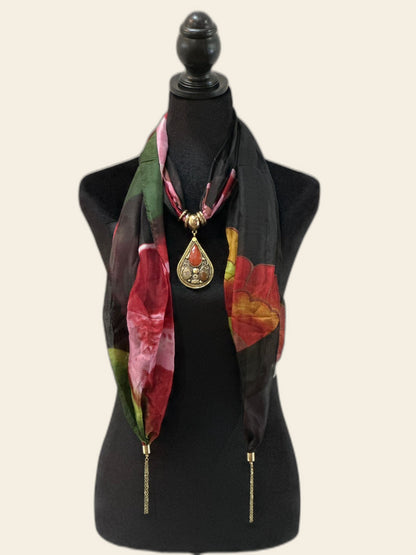 Abstract Print Stole with Semi Precious Stones Pendant