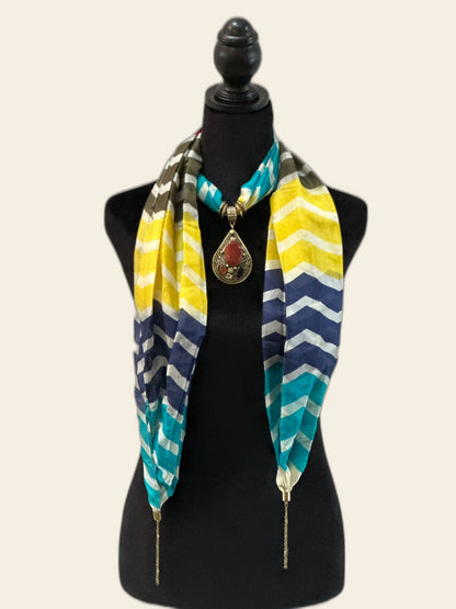 Blue & Yellow Stripes Stole with Semi Precious Stone Pendant