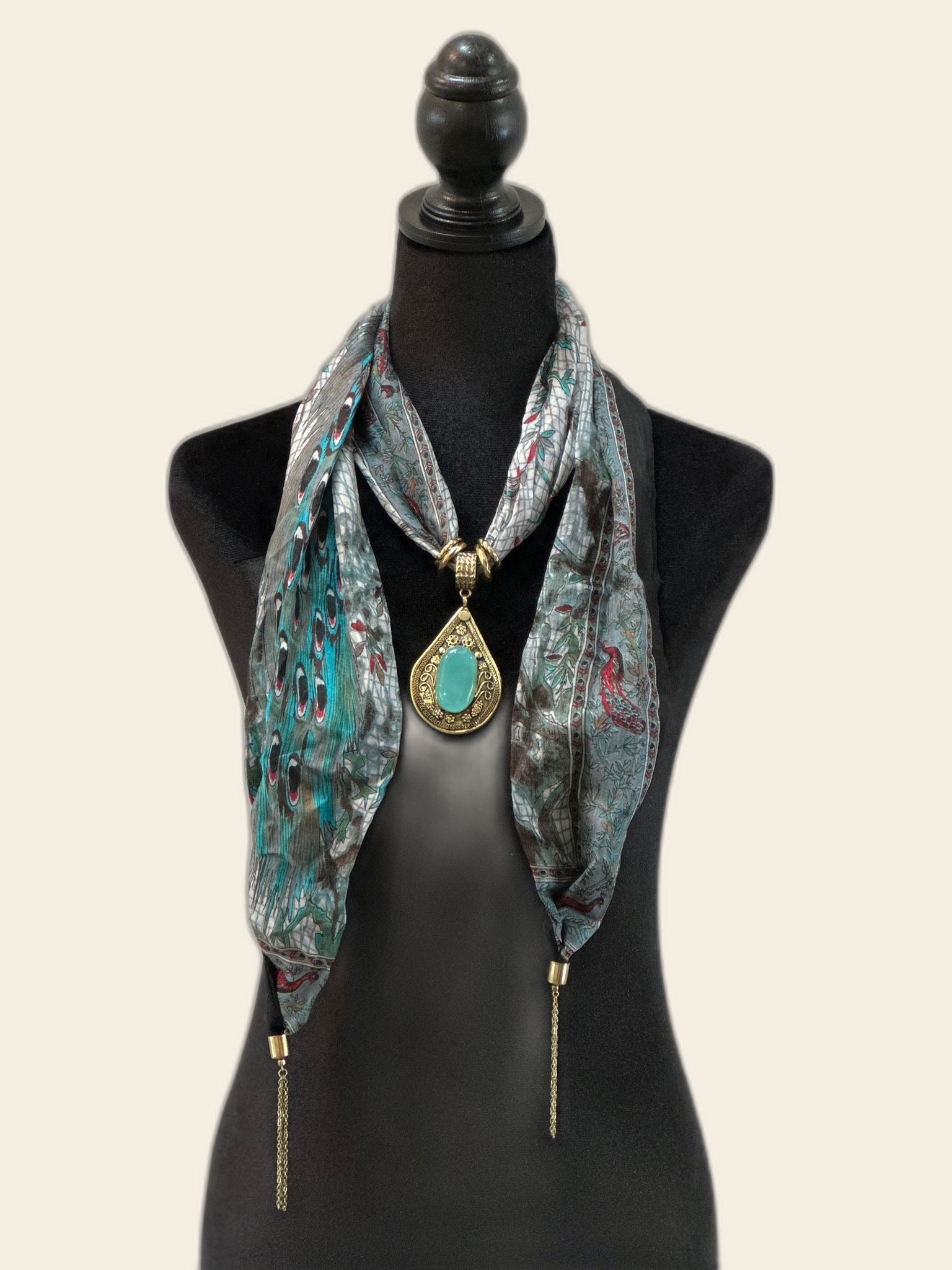 Blue Peacock Design Silk Stole with Semi Precious Stone Pendant