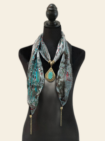 Blue Peacock Design Silk Stole with Semi Precious Stone Pendant