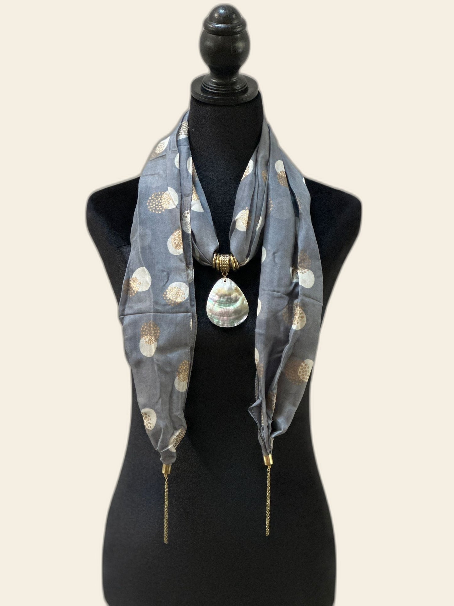 Grey Silk Stole with Mother of Pearl Pendant