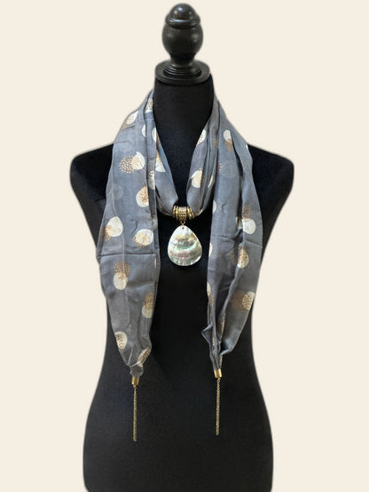 Grey Silk Stole with Mother of Pearl Pendant