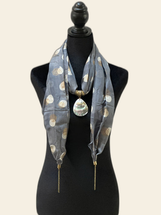 Grey Silk Stole with Mother of Pearl Pendant
