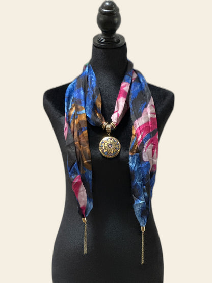 Blue & Pink Silk Stole with Semi Precious Stone Pendant