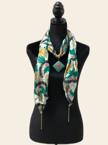 Green Silk Stole with Semi Precious Stone Pendant