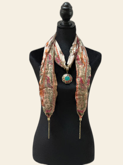 Beige Multicolor Silk Stole with Semi Precious Stone Pendant