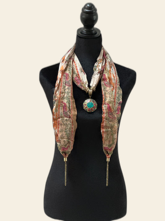 Beige Multicolor Silk Stole with Semi Precious Stone Pendant