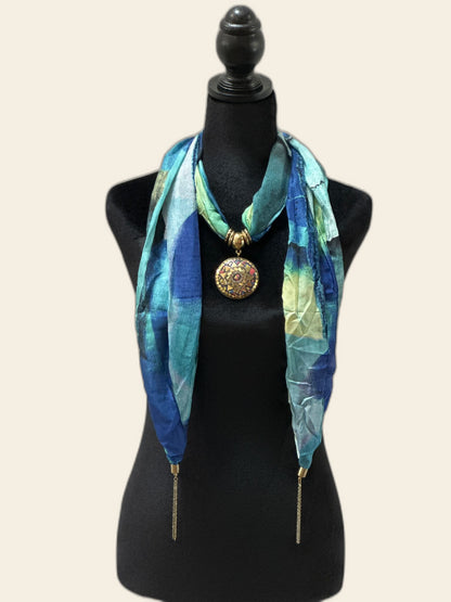 Blue Silk Stole with Semi Precious Stone Pendant