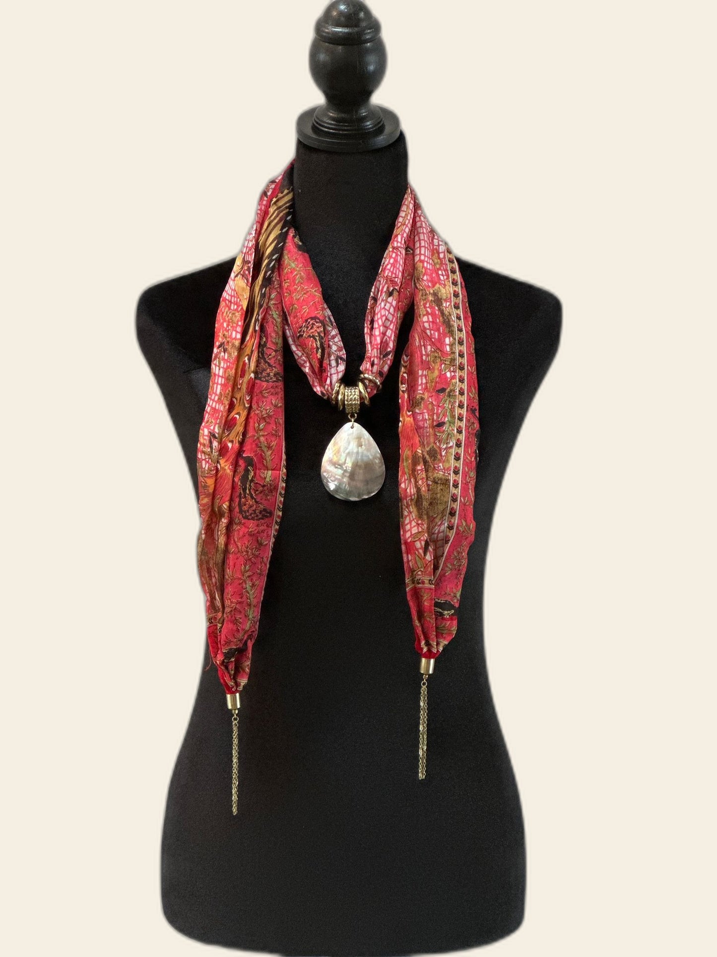 Red Paisley Silk Stole with Mother of Pearl Pendant