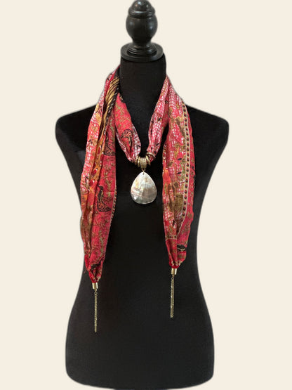 Red Paisley Silk Stole with Mother of Pearl Pendant