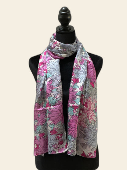 Floral Pink & Grey Silk Scarf