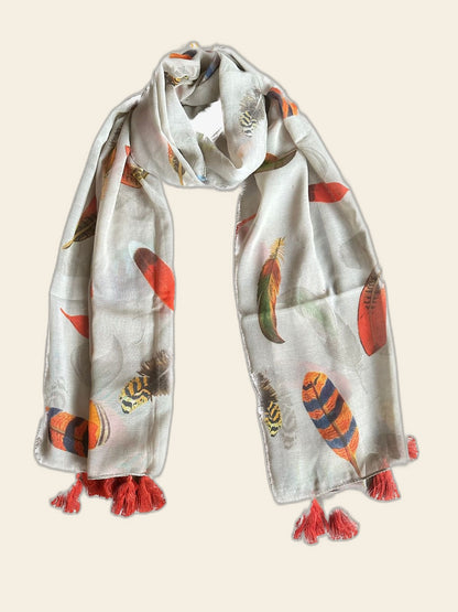 Beige with Orange Feathers Scarf with Tassels