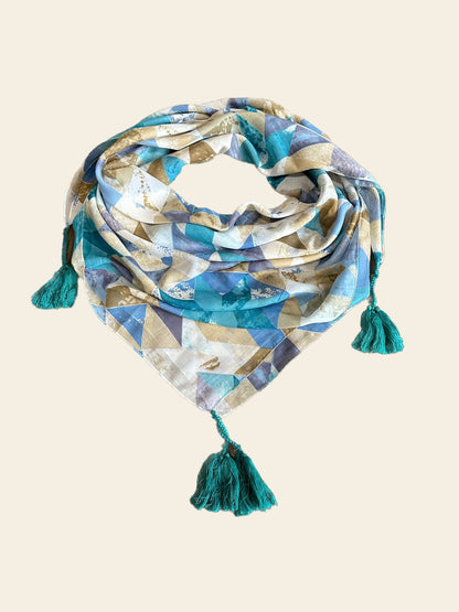 Blue Cotton Scarf with Tassels - Square