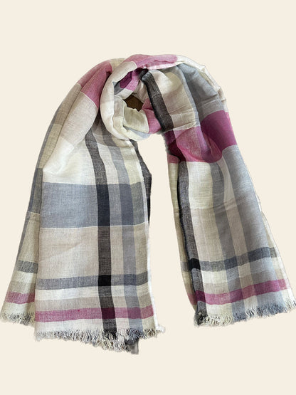 Pink & Grey Checks Cotton Linen Scarf