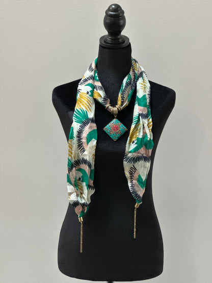 Green Silk Stole with Semi Precious Stone Pendant
