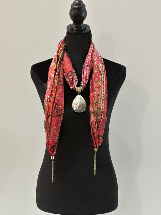 Red Paisley silk stole with Mother of Pearl pendant
