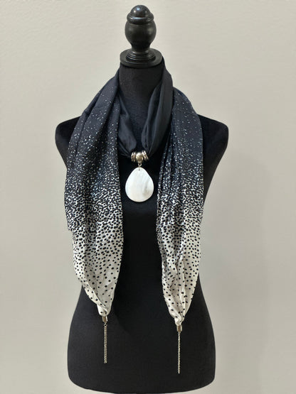 Black & White Silk Stole with Mother of Pearl Pendant